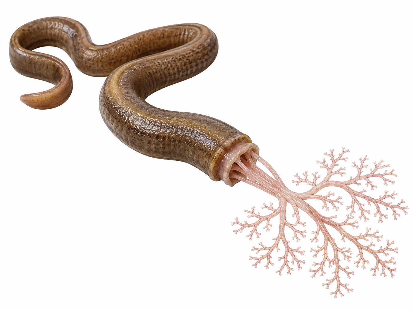A single brown worm extending a branching pink proboscis