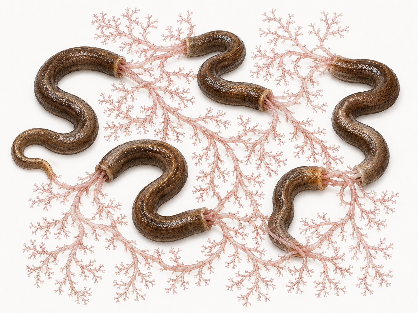 Several brown worms connected by branching pink structures