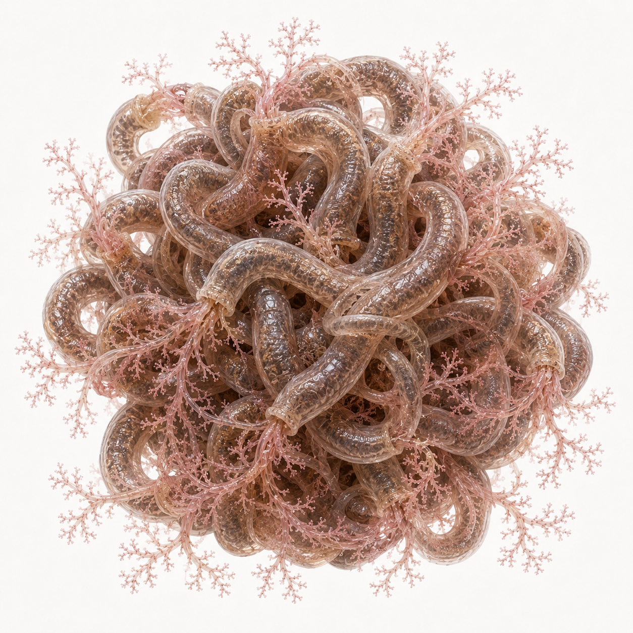A dense spherical clew of worms and branching pink filaments