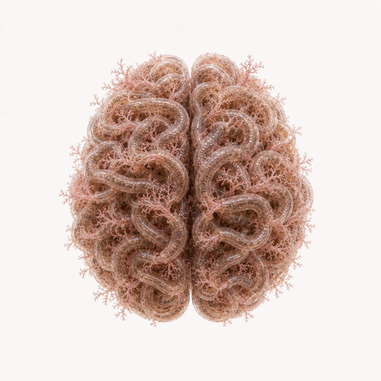 A clew of worms organized into the bilateral outline of a human brain