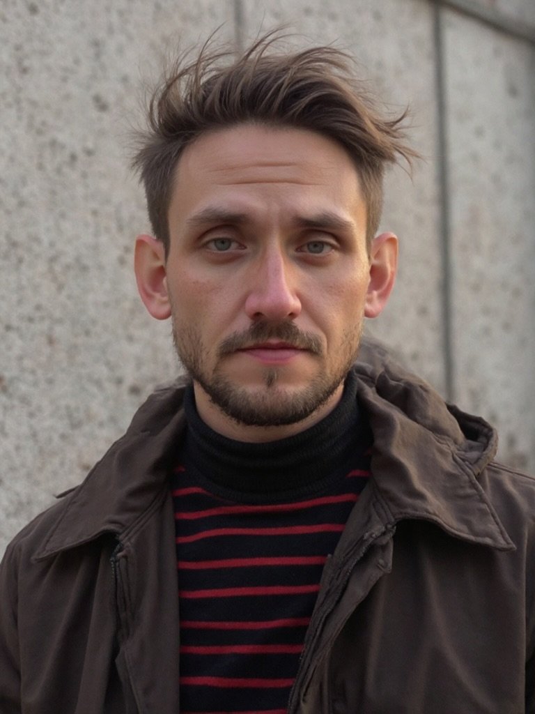 Portrait of author Shawn Boley wearing a dark coat and striped shirt against a concrete background.