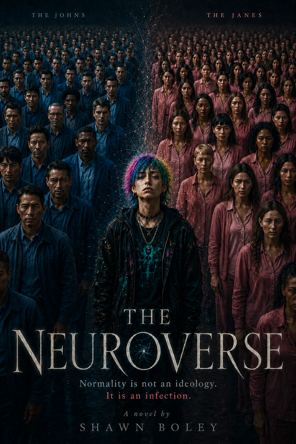 The Neuroverse book cover showing rows of uniform Johns and Janes divided by a central nonbinary figure beneath a web of connected light.