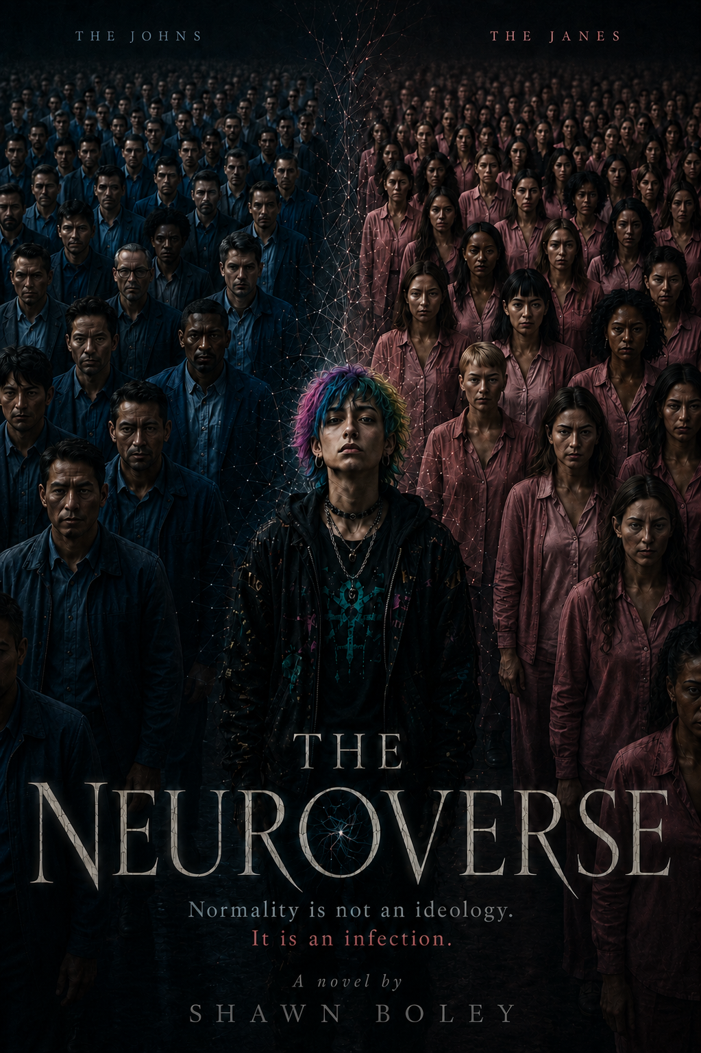 The Neuroverse book cover showing rows of uniform Johns and Janes divided by a central nonbinary figure beneath a web of connected light.