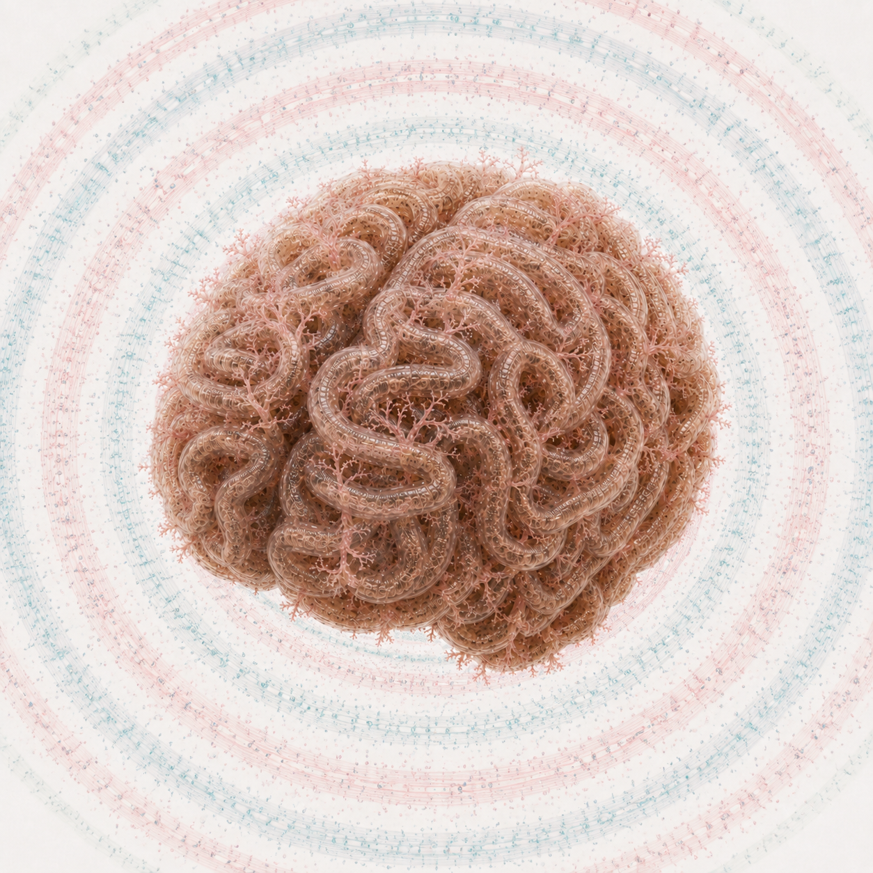 A mature brain-shaped Clew emitting concentric acoustic pressure waves shown as alternating blue and rose bands