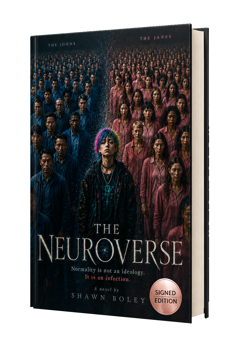 The Neuroverse hardback signed by Shawn Boley, standing in a three-quarter view with a Signed Edition sticker.